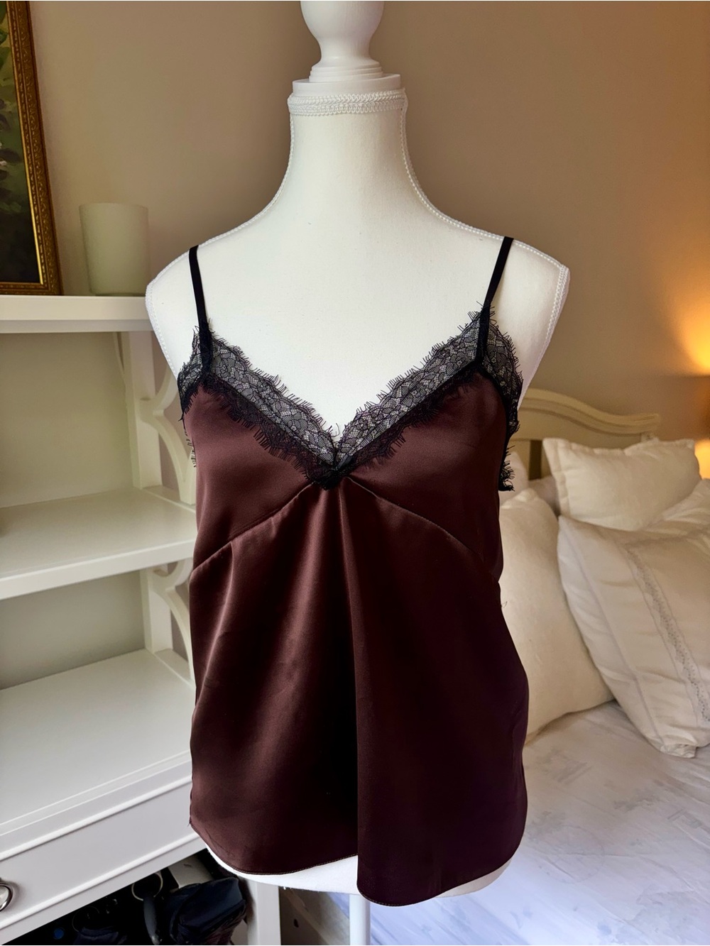 Satin Lace Trim Cami - Deep Brown with Black Lace